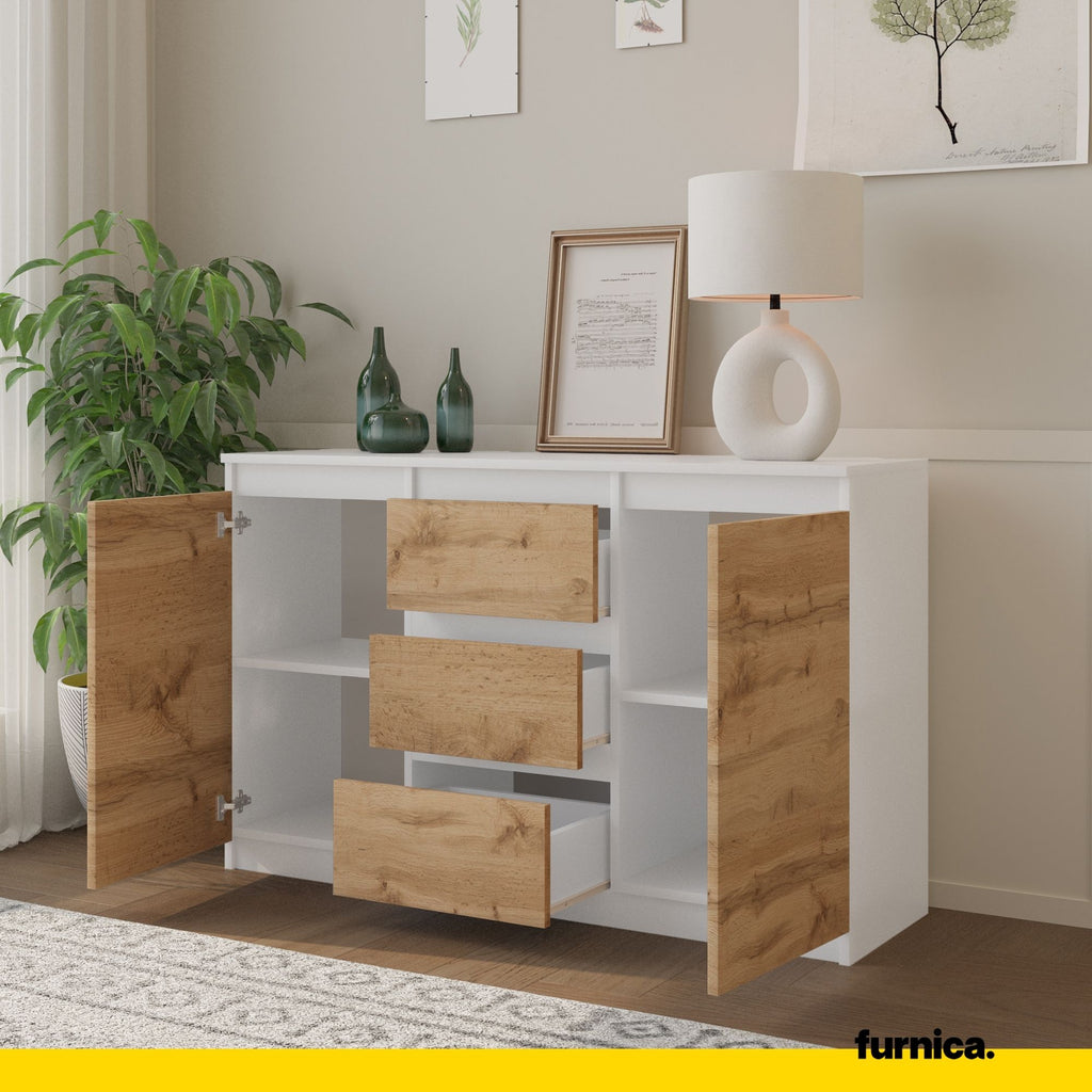 MIKEL - Chest of 3 Drawers and 2 Doors - Bedroom Dresser Storage Cabinet Sideboard - White Matt / Wotan Oak H29 1/2" W47 1/4" D13 3/4"