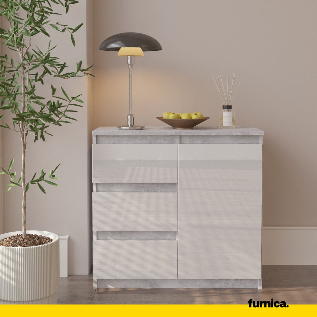 MIKEL - Chest of 3 Drawers and 1 Door - Bedroom Dresser Storage Cabinet Sideboard - Concrete / White Gloss H29 1/2" W31 1/2" D13 3/4"