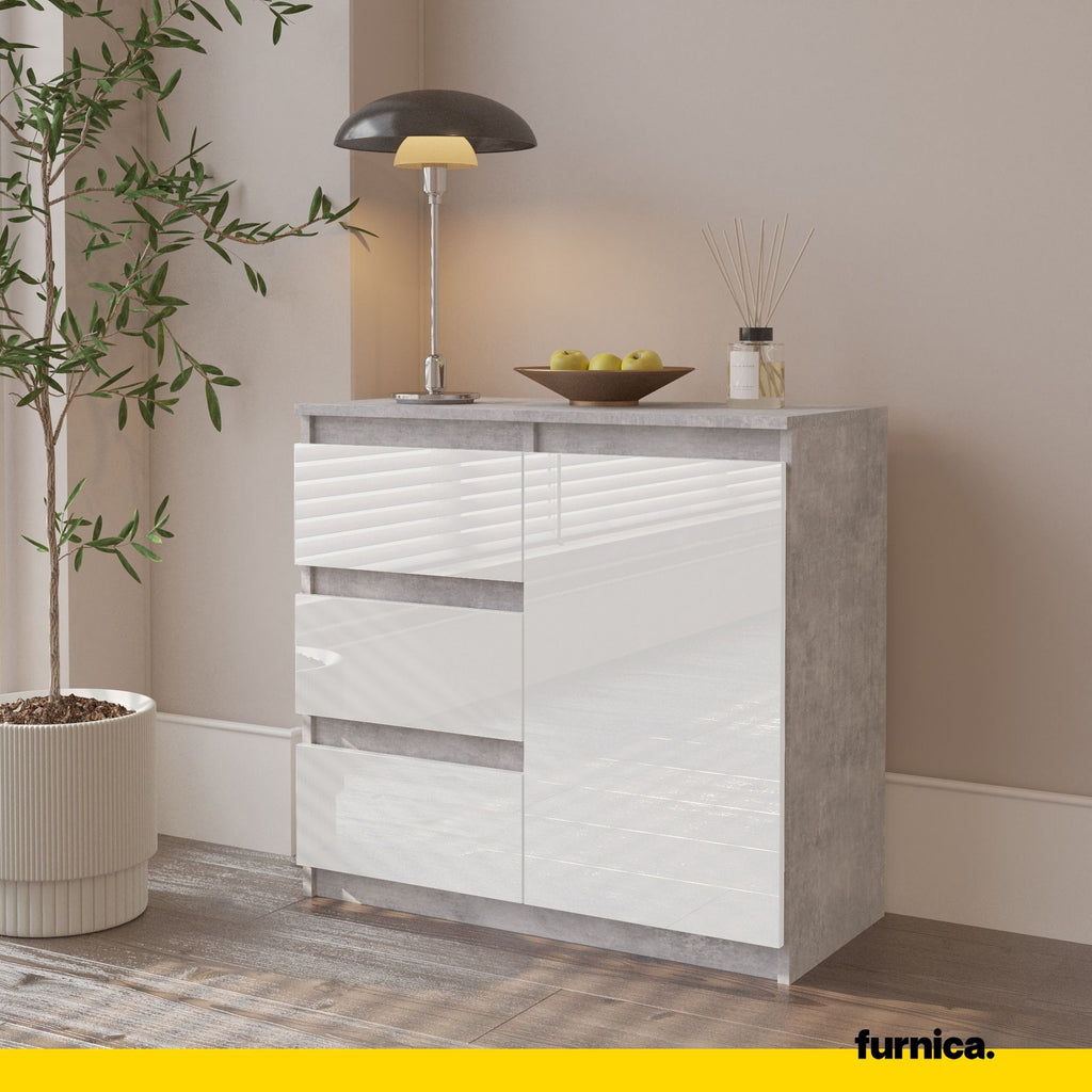 MIKEL - Chest of 3 Drawers and 1 Door - Bedroom Dresser Storage Cabinet Sideboard - Concrete / White Gloss H29 1/2" W31 1/2" D13 3/4"