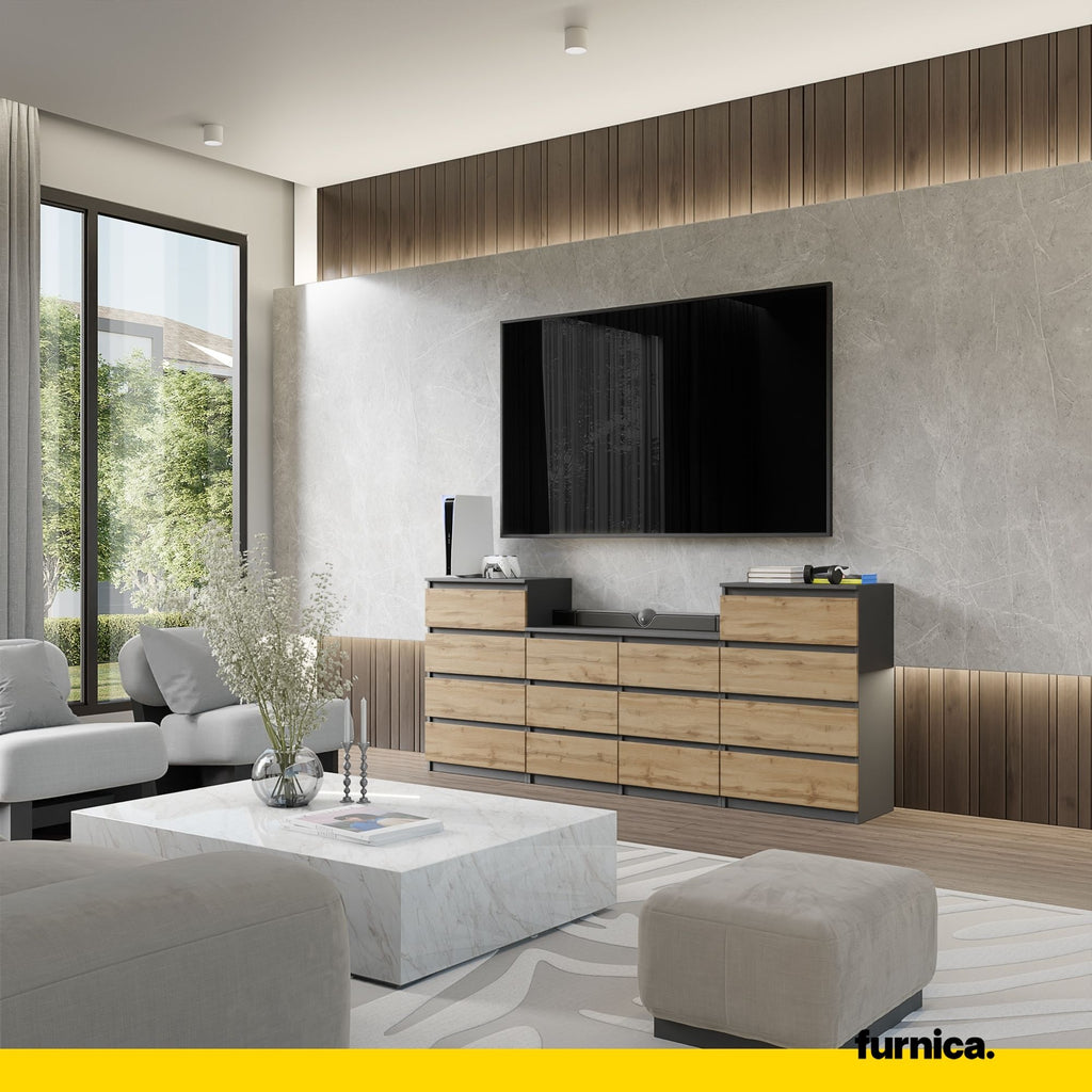 GABRIEL - Chest of 14 Drawers (4+6+4) - Bedroom Dresser Storage Cabinet Sideboard - Anthracite / Wotan Oak H36 3/8" W86 5/8" D13 1/4"