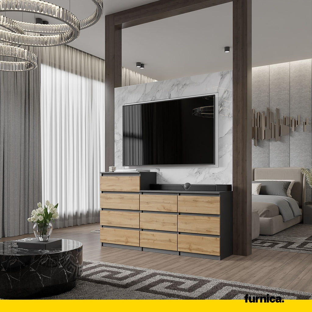 GABRIEL - Chest of 10 Drawers (6+4) - Bedroom Dresser Storage Cabinet Sideboard - Anthracite / Wotan Oak H36 3/8" / 27 1/2" W63" D13 1/4"