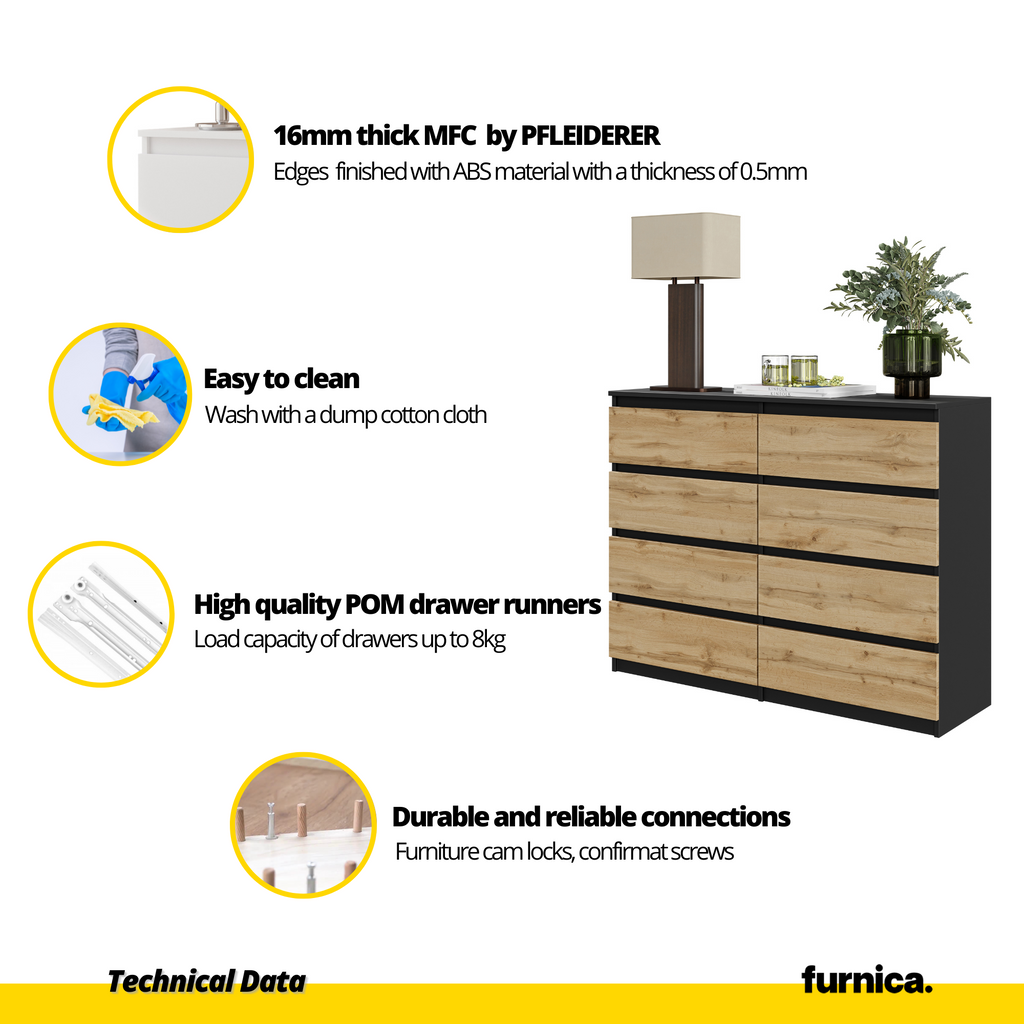 GABRIEL - Chest of 8 Drawers - Bedroom Dresser Storage Cabinet Sideboard - Black Matt / Wotan Oak H36 3/8" W47 1/4" D13 1/4"