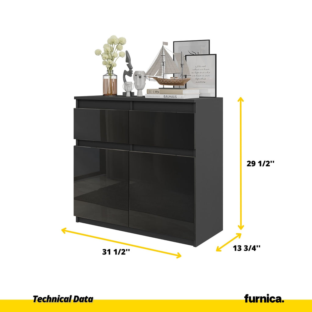 NOAH - Chest of 2 Drawers and 2 Doors - Bedroom Dresser Storage Cabinet Sideboard - Anthracite / Black Gloss H29 1/2" W31 1/2" D13 3/4"