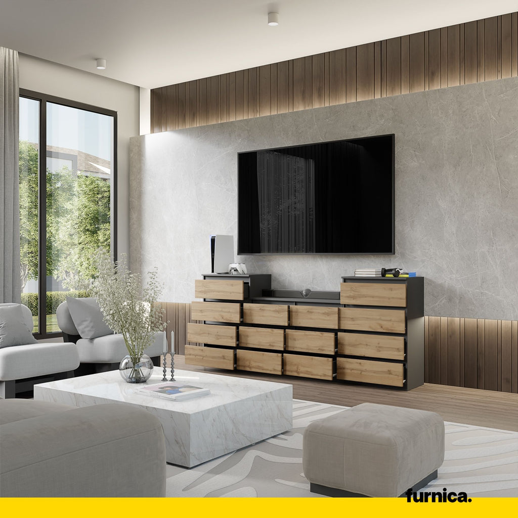 GABRIEL - Chest of 14 Drawers (4+6+4) - Bedroom Dresser Storage Cabinet Sideboard - Anthracite / Wotan Oak H36 3/8" W86 5/8" D13 1/4"