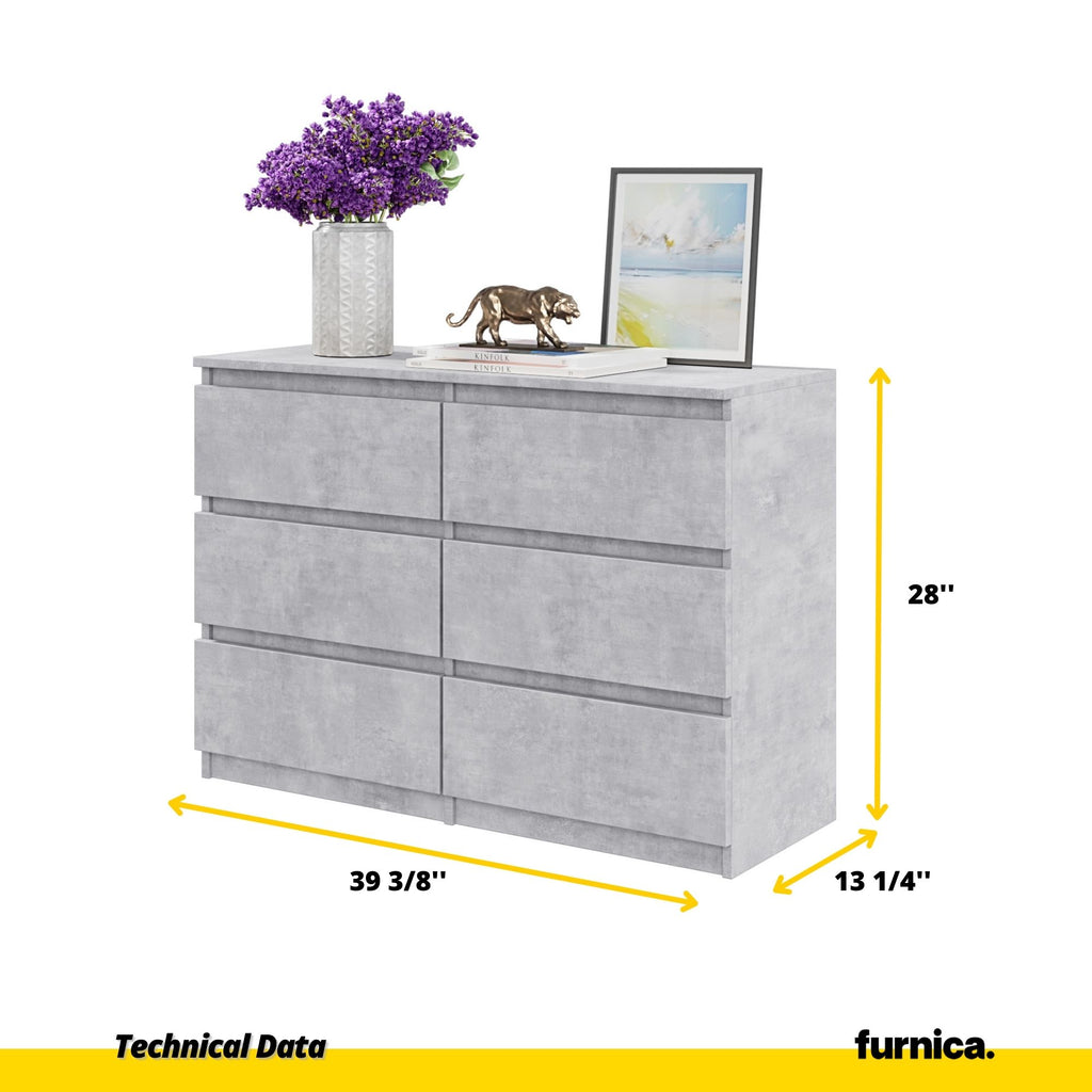 GABRIEL - Chest of 6 Drawers - Bedroom Dresser Storage Cabinet Sideboard - Concrete H28" W39 3/8" D13"