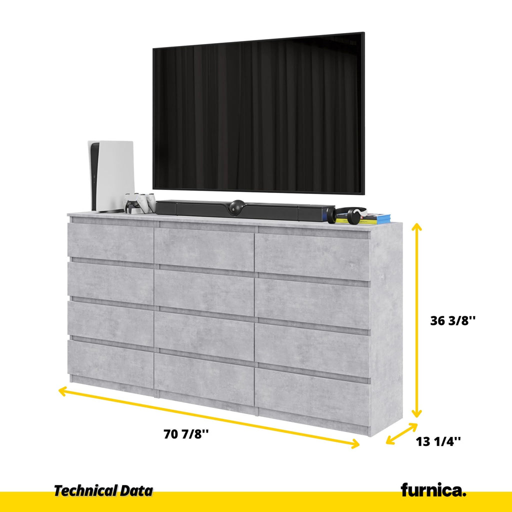 GABRIEL - Chest of 12 Drawers (8+4) - Bedroom Dresser Storage Cabinet Sideboard - Concrete H36 3/8" W70 7/8" D13 1/4