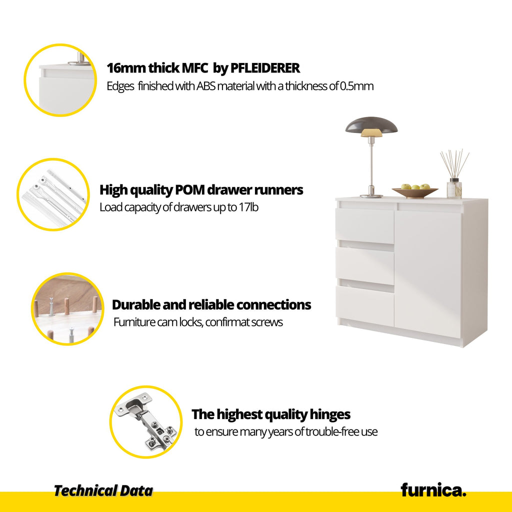 MIKEL - Chest of 3 Drawers and 1 Door - Bedroom Dresser Storage Cabinet Sideboard - Wotan Oak / White Gloss H29 1/2" W31 1/2" D13 3/4"
