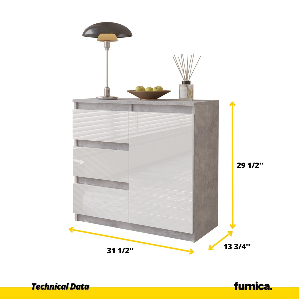 MIKEL - Chest of 3 Drawers and 1 Door - Bedroom Dresser Storage Cabinet Sideboard - Concrete / White Gloss H29 1/2" W31 1/2" D13 3/4"