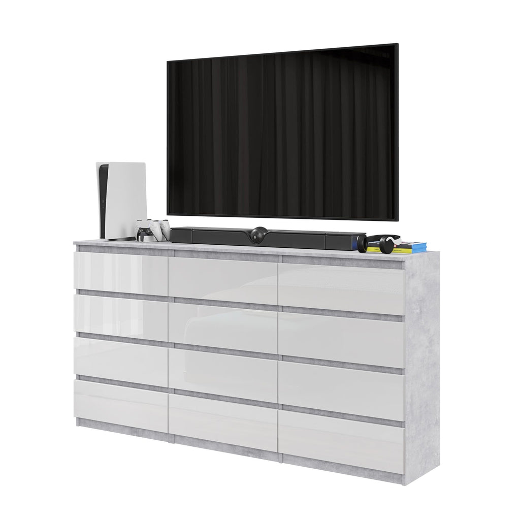 GABRIEL - Chest of 12 Drawers (8+4) - Bedroom Dresser Storage Cabinet Sideboard - Concrete / White Gloss H36 3/8" W70 7/8" D13 1/4