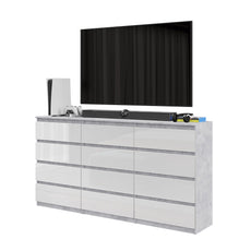 GABRIEL - Chest of 12 Drawers (8+4) - Bedroom Dresser Storage Cabinet Sideboard - Concrete / White Gloss H36 3/8" W70 7/8" D13 1/4