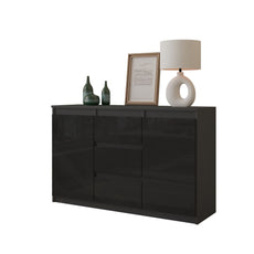 MIKEL - Chest of 3 Drawers and 2 Doors - Bedroom Dresser Storage Cabinet Sideboard - Anthracite / Black Gloss H29 1/2" W47 1/4" D13 3/4"