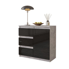 MIKEL - Chest of 3 Drawers and 1 Door - Bedroom Dresser Storage Cabinet Sideboard - Concrete / Black Gloss H29 1/2" W31 1/2" D13 3/4"