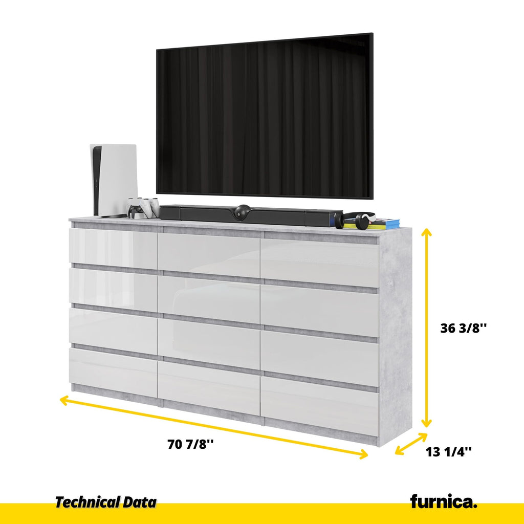 GABRIEL - Chest of 12 Drawers (8+4) - Bedroom Dresser Storage Cabinet Sideboard - Concrete / White Gloss H36 3/8" W70 7/8" D13 1/4