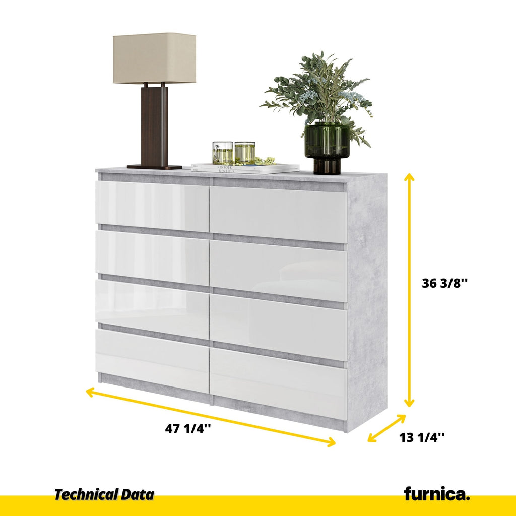 GABRIEL - Chest of 8 Drawers - Bedroom Dresser Storage Cabinet Sideboard - Concrete / White Gloss H36 3/8" W47 1/4" D13 1/4"