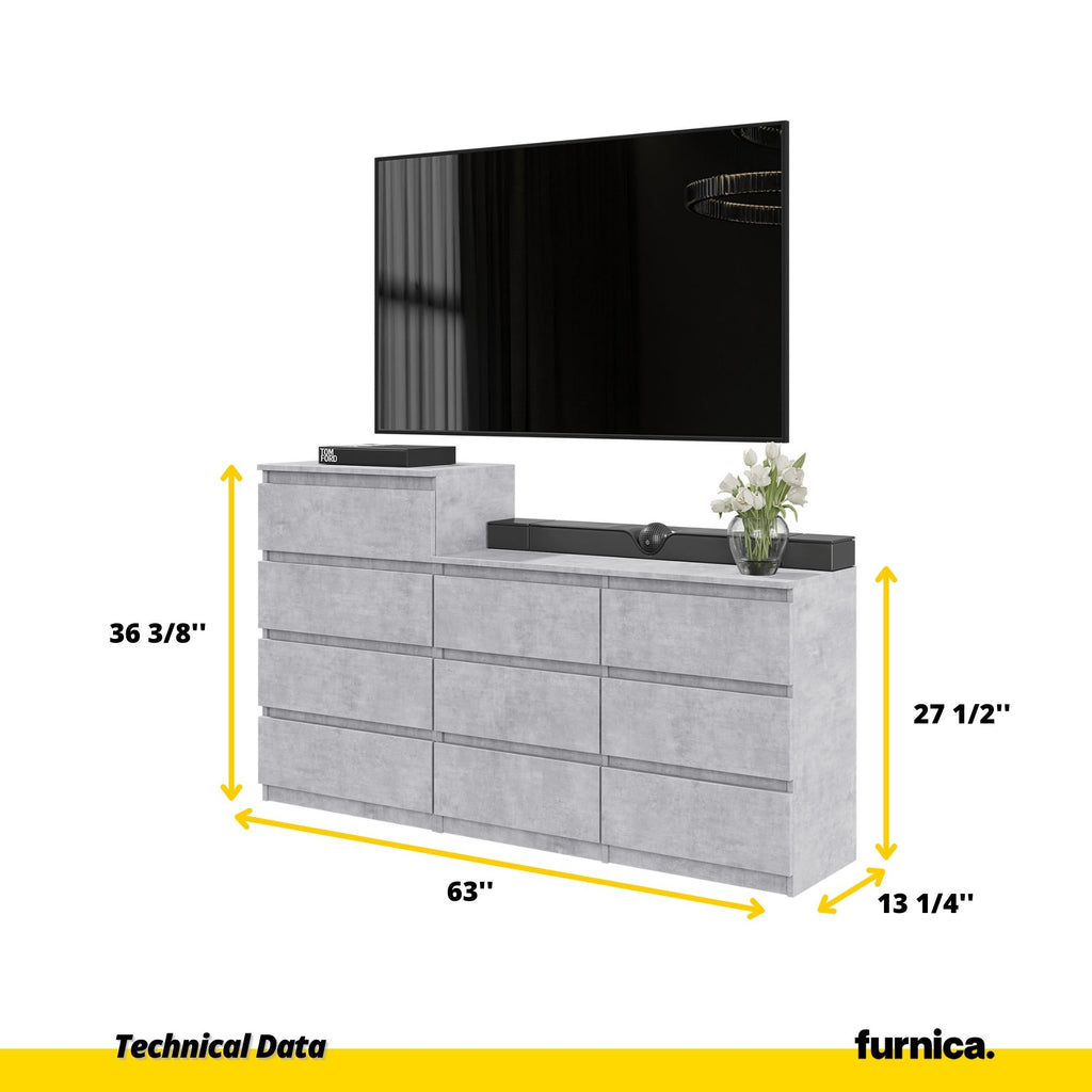 GABRIEL - Chest of 10 Drawers (6+4) - Bedroom Dresser Storage Cabinet Sideboard - Concrete H36 3/8" / 27 1/2" W63" D13 1/4"