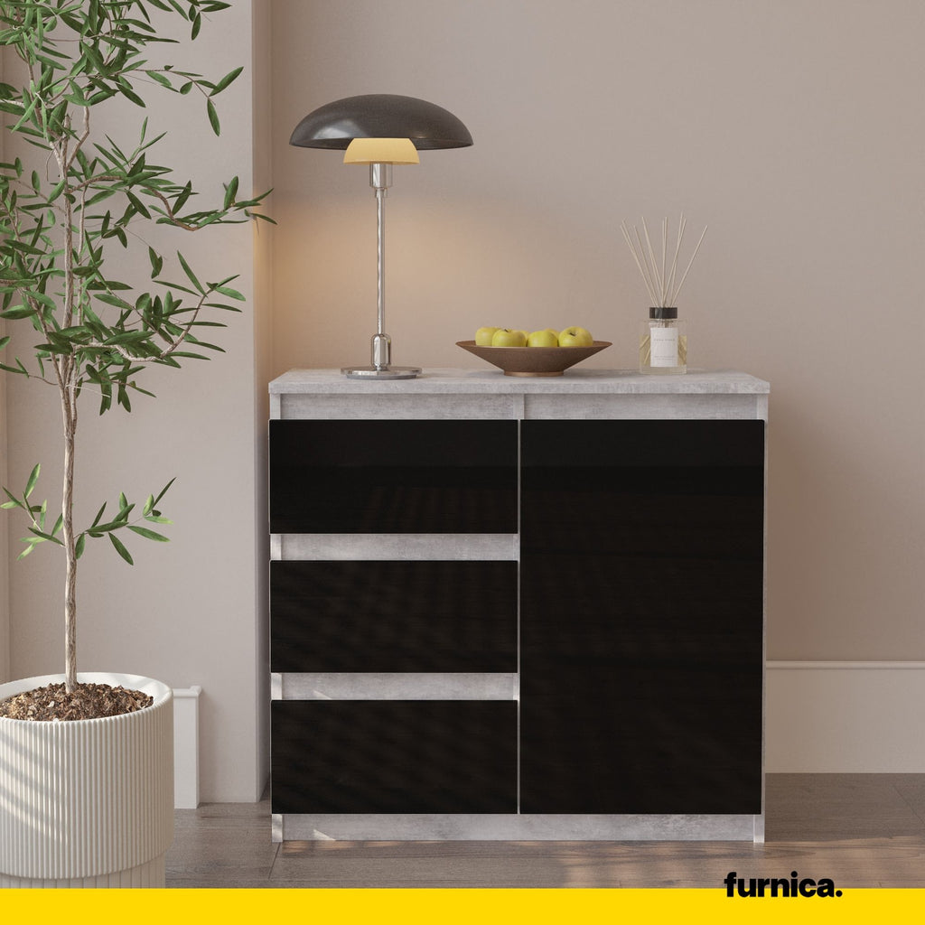 MIKEL - Chest of 3 Drawers and 1 Door - Bedroom Dresser Storage Cabinet Sideboard - Concrete / Black Gloss H29 1/2" W31 1/2" D13 3/4"