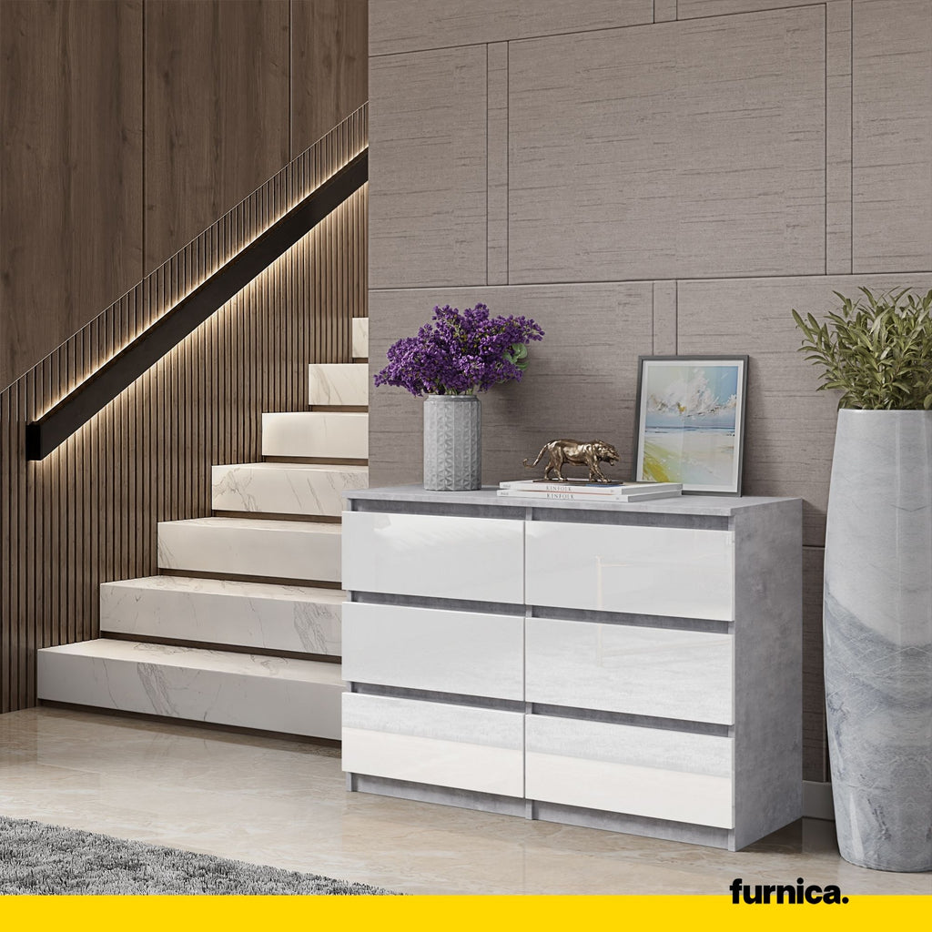 GABRIEL - Chest of 6 Drawers - Bedroom Dresser Storage Cabinet Sideboard - Concrete / White Gloss H28" W39 3/8" D13"