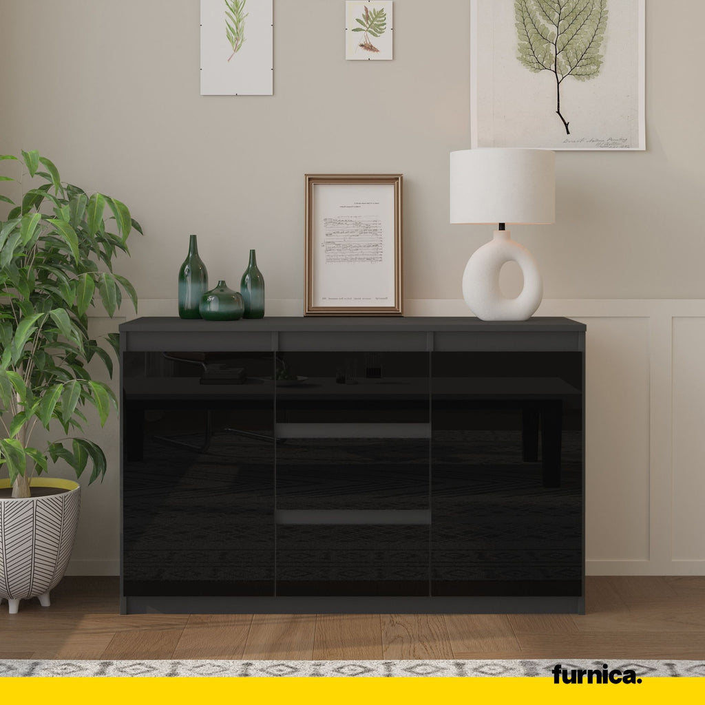 MIKEL - Chest of 3 Drawers and 2 Doors - Bedroom Dresser Storage Cabinet Sideboard - Anthracite / Black Gloss H29 1/2" W47 1/4" D13 3/4"