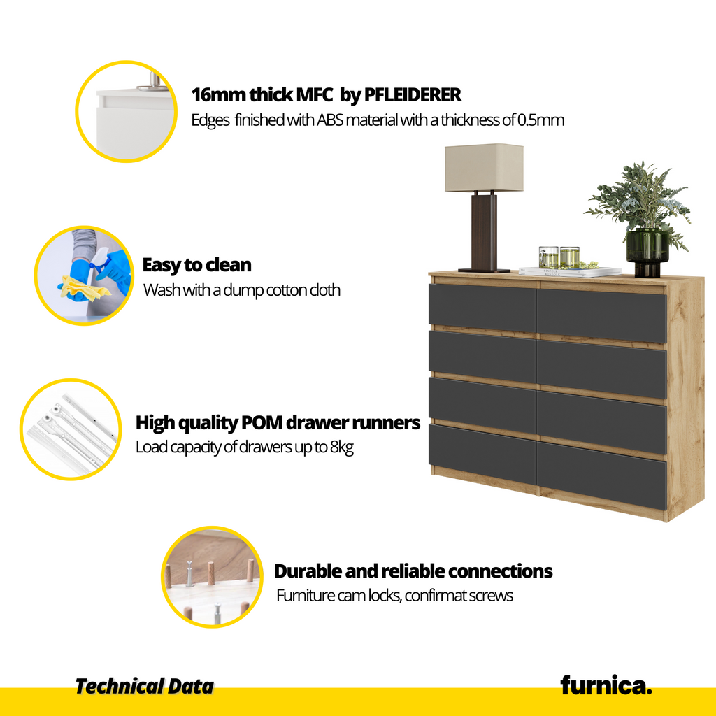 GABRIEL - Chest of 8 Drawers - Bedroom Dresser Storage Cabinet Sideboard - Wotan Oak / Anthracite H36 3/8" W47 1/4" D13 1/4"