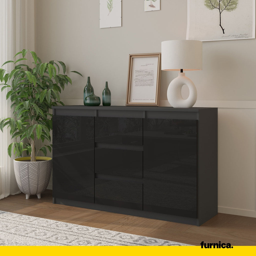 MIKEL - Chest of 3 Drawers and 2 Doors - Bedroom Dresser Storage Cabinet Sideboard - Anthracite / Black Gloss H29 1/2" W47 1/4" D13 3/4"