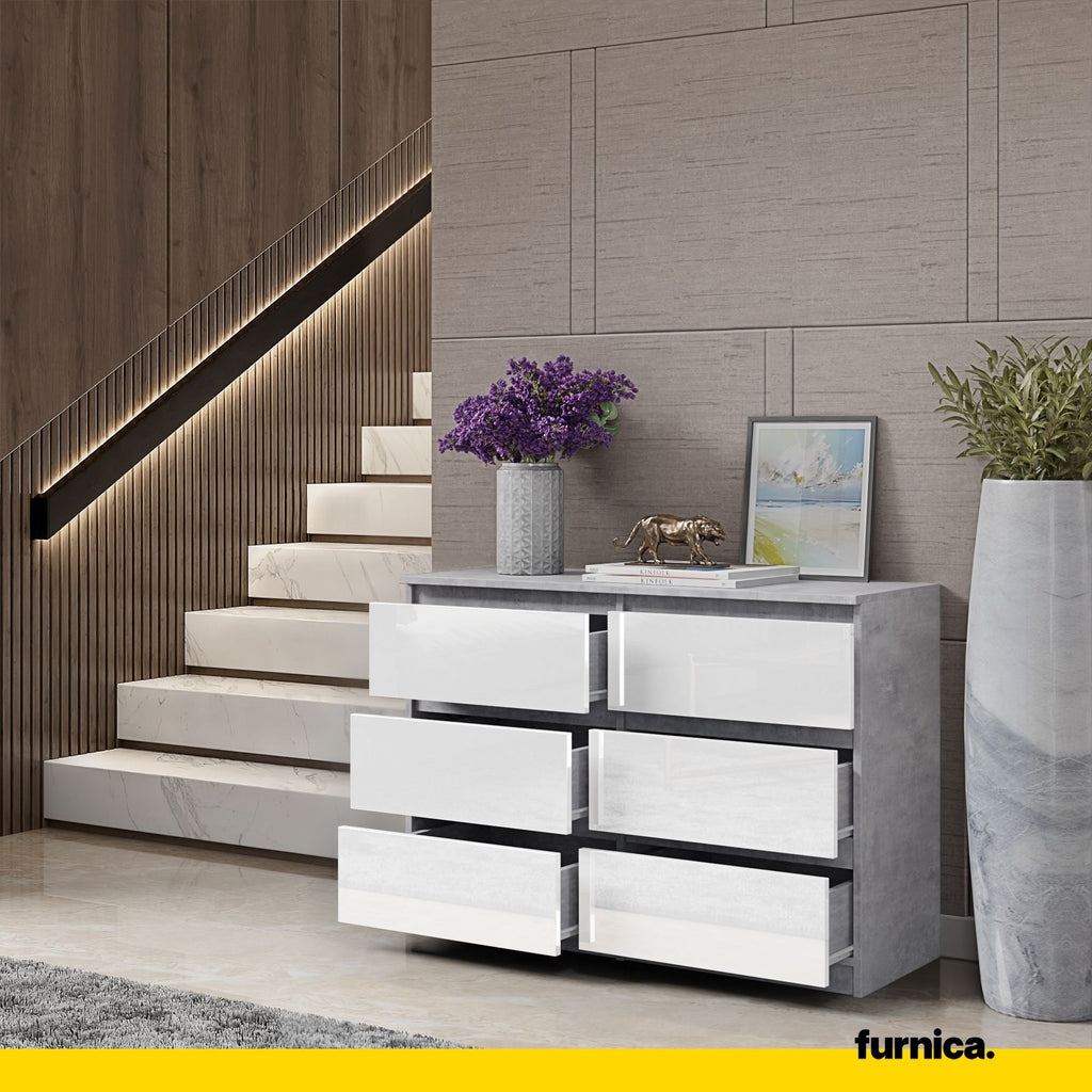 GABRIEL - Chest of 6 Drawers - Bedroom Dresser Storage Cabinet Sideboard - Concrete / White Gloss H28" W39 3/8" D13"
