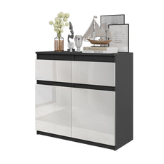 NOAH - Chest of 2 Drawers and 2 Doors - Bedroom Dresser Storage Cabinet Sideboard - Anthracite / White Gloss H29 1/2" W31 1/2" D13 3/4"