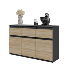 NOAH - Chest of 3 Drawers and 3 Doors - Bedroom Dresser Storage Cabinet Sideboard - Anthracite / Sonoma Oak H29 1/2" W47 1/4" D13 3/4"