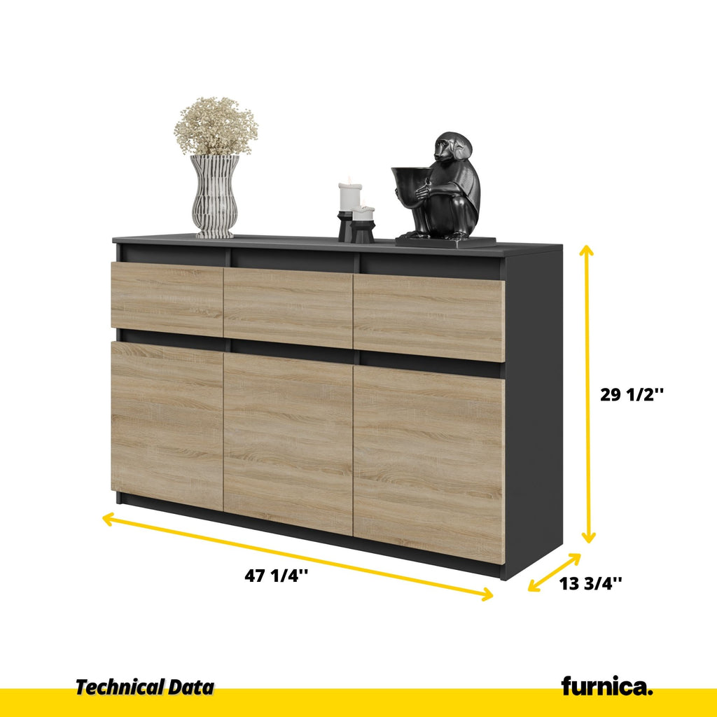 NOAH - Chest of 3 Drawers and 3 Doors - Bedroom Dresser Storage Cabinet Sideboard - Anthracite / Sonoma Oak H29 1/2" W47 1/4" D13 3/4"