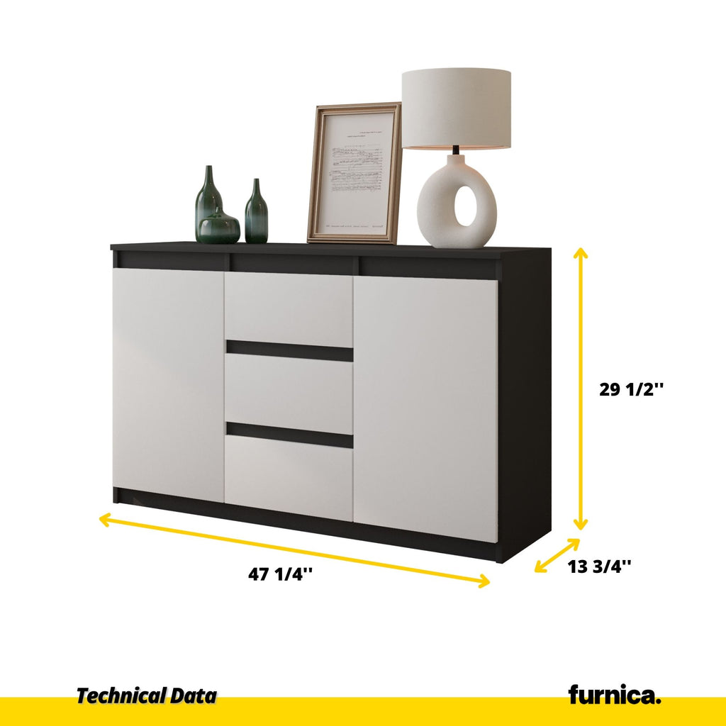 MIKEL - Chest of 3 Drawers and 2 Doors - Bedroom Dresser Storage Cabinet Sideboard - Anthracite / White Matt H29 1/2" W47 1/4" D13 3/4"
