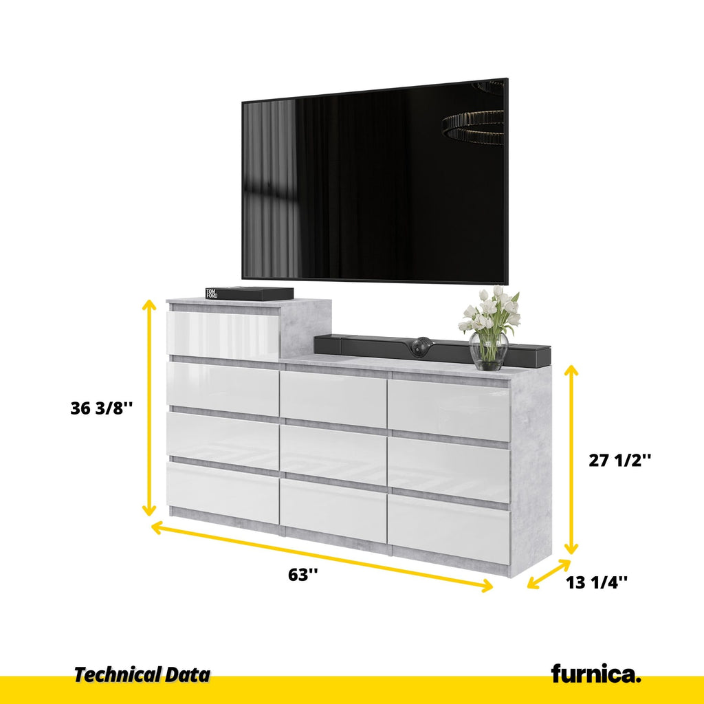 GABRIEL - Chest of 10 Drawers (6+4) - Bedroom Dresser Storage Cabinet Sideboard - Concrete / White Gloss H36 3/8" / 27 1/2" W63" D13 1/4"