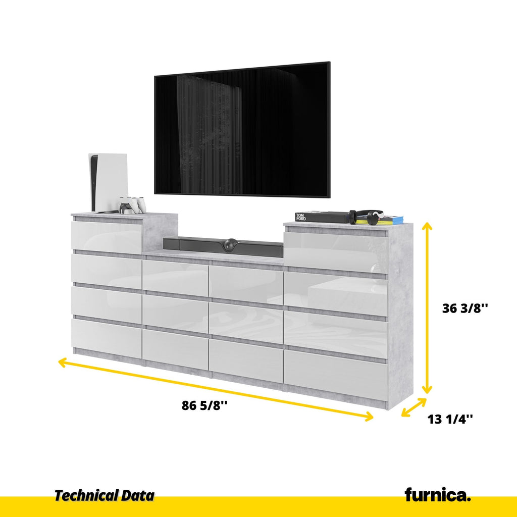 GABRIEL - Chest of 14 Drawers (4+6+4) - Bedroom Dresser Storage Cabinet Sideboard - Concrete / White Gloss H36 3/8" W86 5/8" D13 1/4"