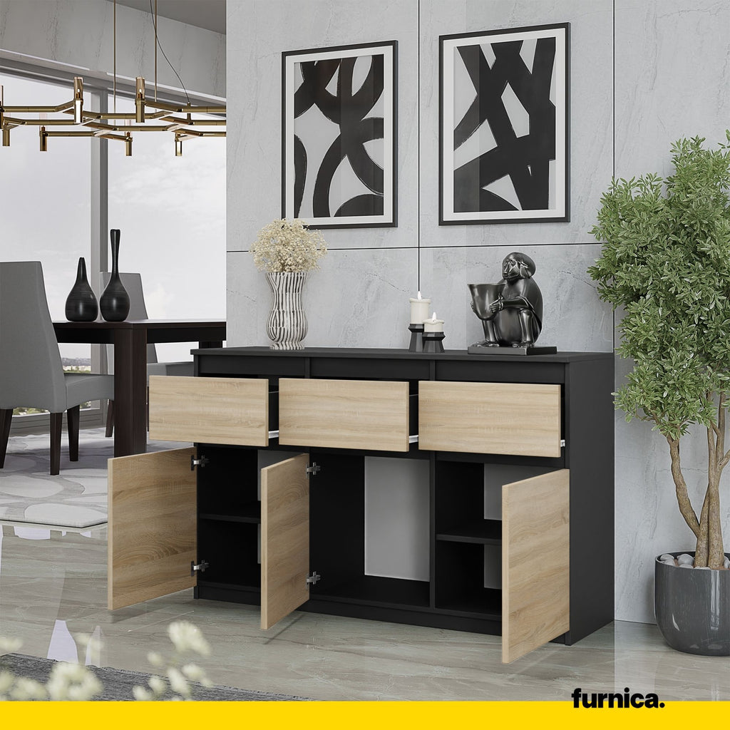 NOAH - Chest of 3 Drawers and 3 Doors - Bedroom Dresser Storage Cabinet Sideboard - Anthracite / Sonoma Oak H29 1/2" W47 1/4" D13 3/4"
