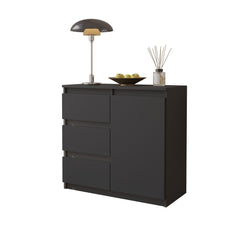 MIKEL - Chest of 3 Drawers and 1 Door - Bedroom Dresser Storage Cabinet Sideboard - Anthracite H29 1/2" W31 1/2" D13 3/4"