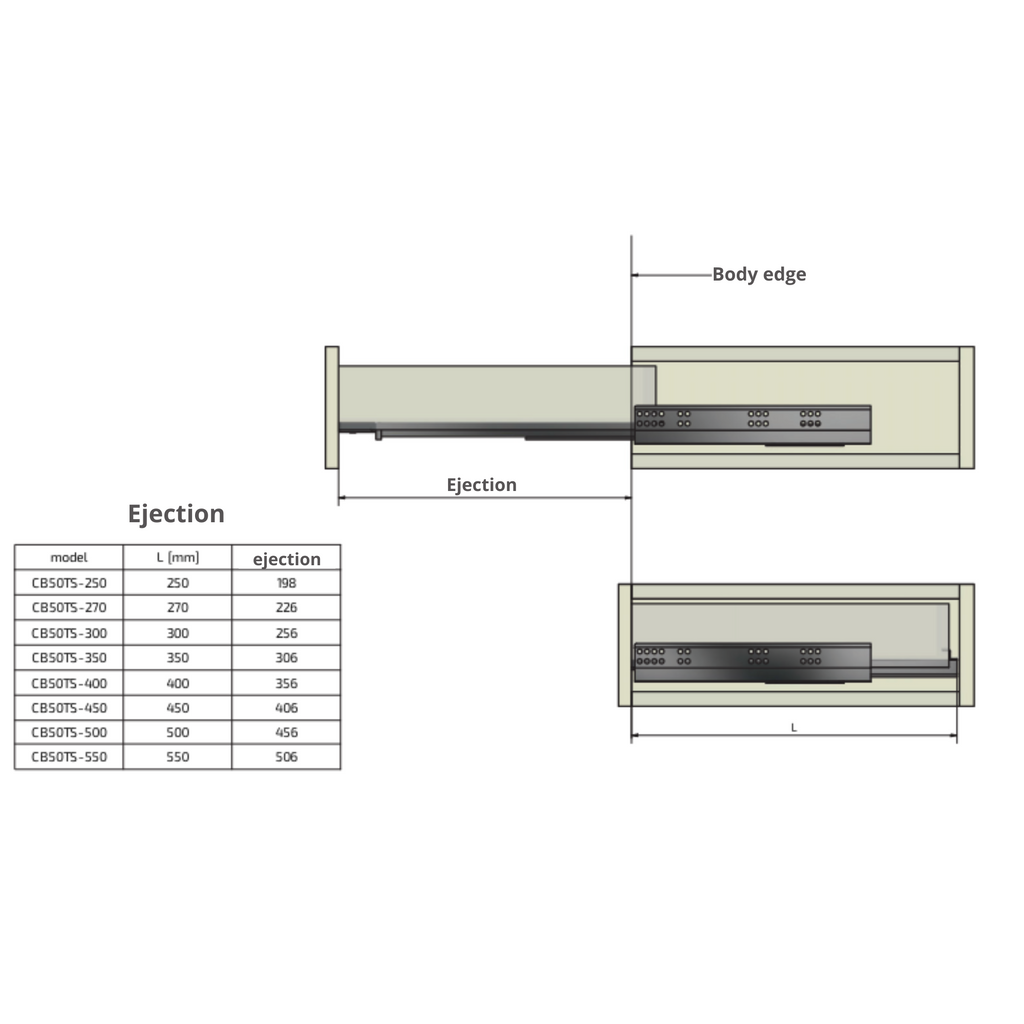Push-to-Open Undermount Slides (left and right), Full Extension - 22 inch