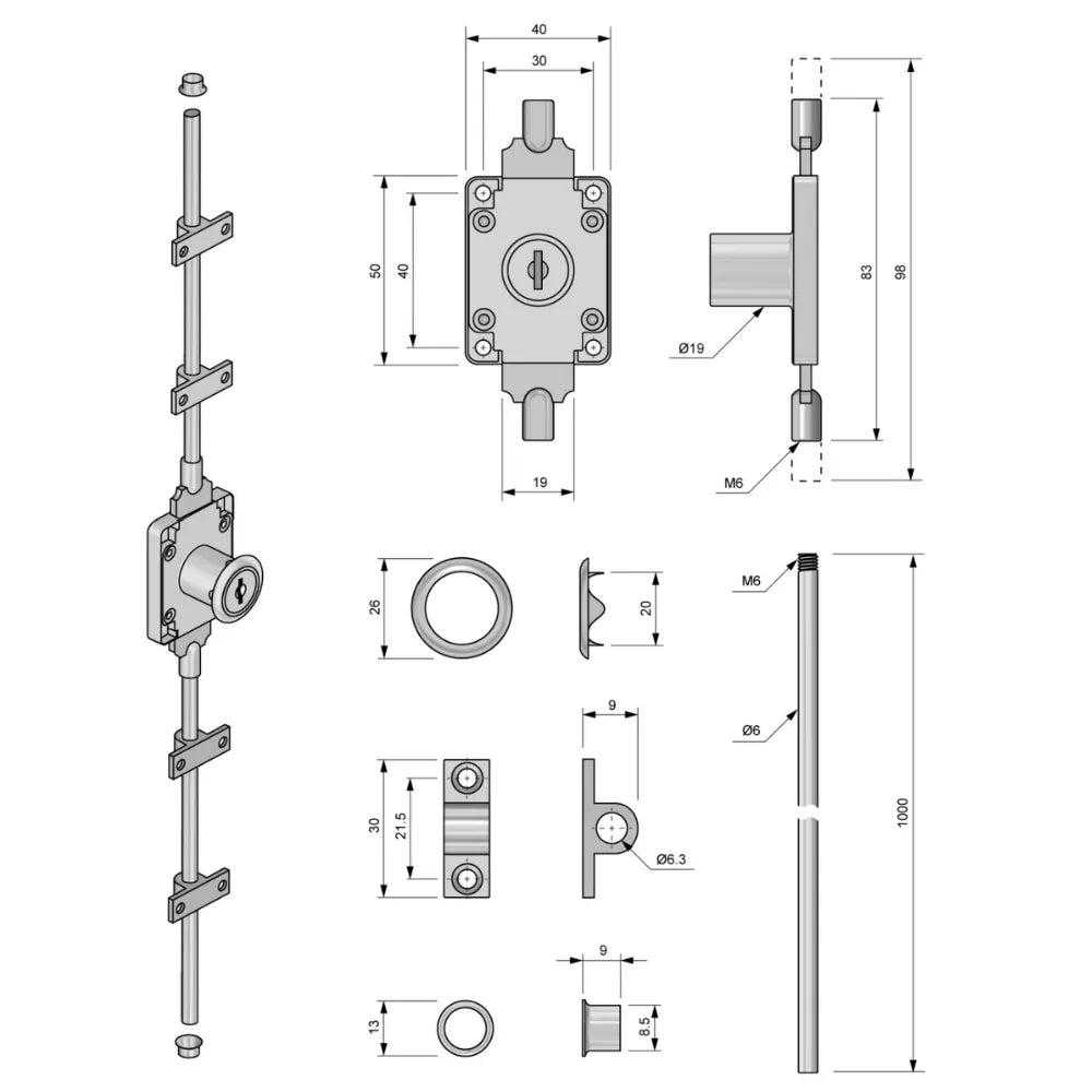 Extendable Espagnolette Lock 3/4 x 7/8 inch (19x22mm), 2 Rods L-39-3/8 inch (1000mm), Chrome