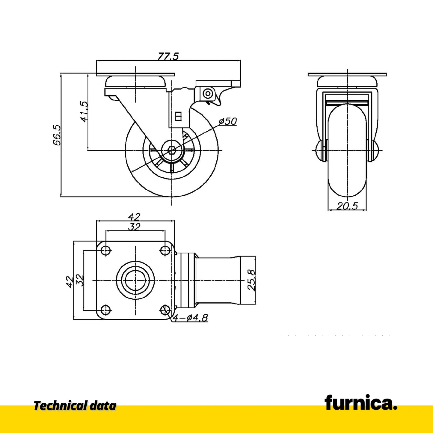 Furniture Caster with Mounting Plate & Brake - Clear - Chrome - 2 inch (5.0 cm)