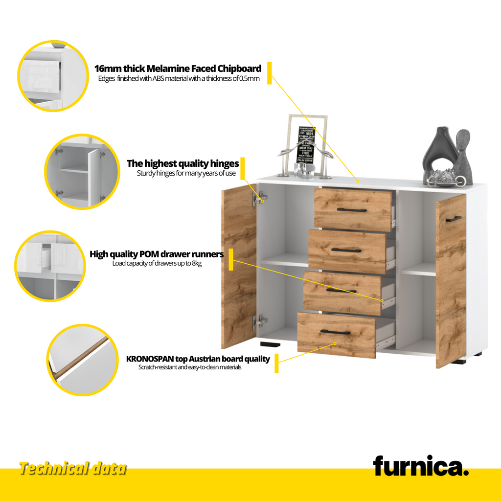 MARK - Chest of 4 Drawers and 2 Doors - Bedroom Dresser Storage Cabinet Sideboard - White Matt H33 1/2" W47 1/4" D13 3/4"