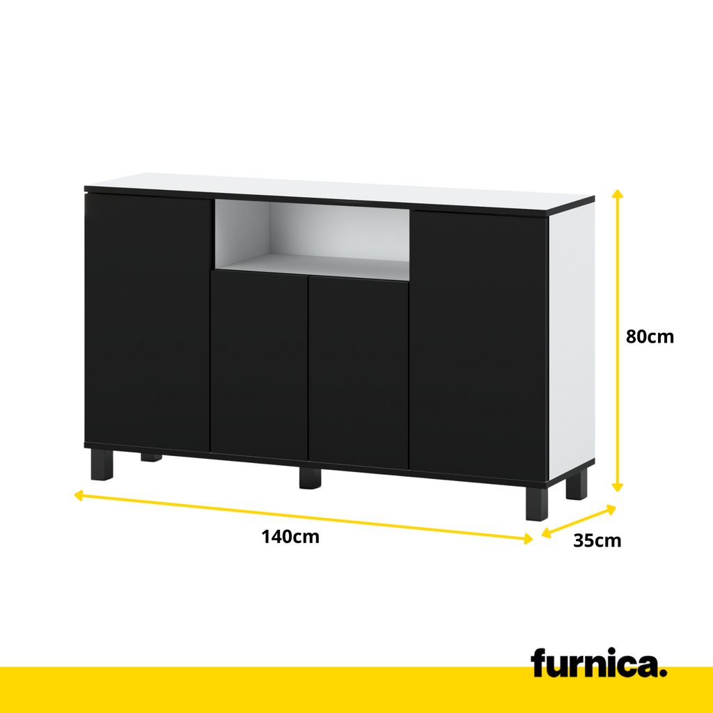 CALVIN - TV Cabinet with 4 Doors - Living Room Storage Sideboard - White Matt / Black Matt H31 1/2" W55 1/8" D13 3/4"