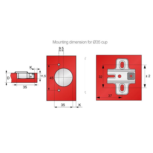 135º Angular Hinge, H2 Mounting Plate with EURO Screws, Corner Doors