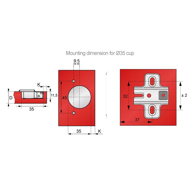 165º Hinge, H2 Mounting Plate with EURO Screws, Overlay Doors