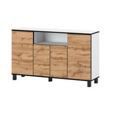 CALVIN - TV Cabinet with 4 Doors - Living Room Storage Sideboard - White Matt / Wotan Oak H31 1/2" W55 1/8" D13 3/4"