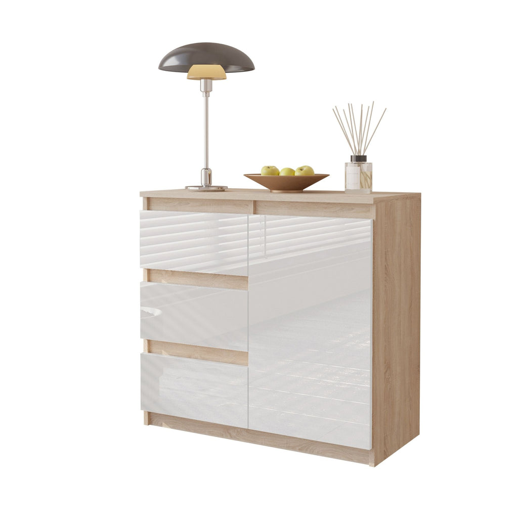 MIKEL - Chest of 3 Drawers and 1 Door - Bedroom Dresser Storage Cabinet Sideboard - Sonoma Oak / Anthracite H29 1/2" W31 1/2" D13 3/4"