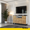 CALVIN - TV Cabinet with 4 Doors - Living Room Storage Sideboard - White Matt / Wotan Oak H31 1/2" W55 1/8" D13 3/4"