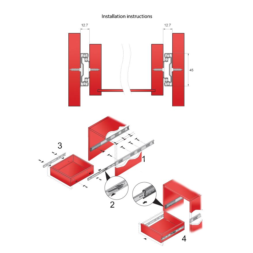 22 inch drawer slides push to open H45 (right and left side)