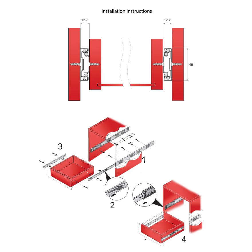 22 inch drawer slides soft-close H45 (right and left side)