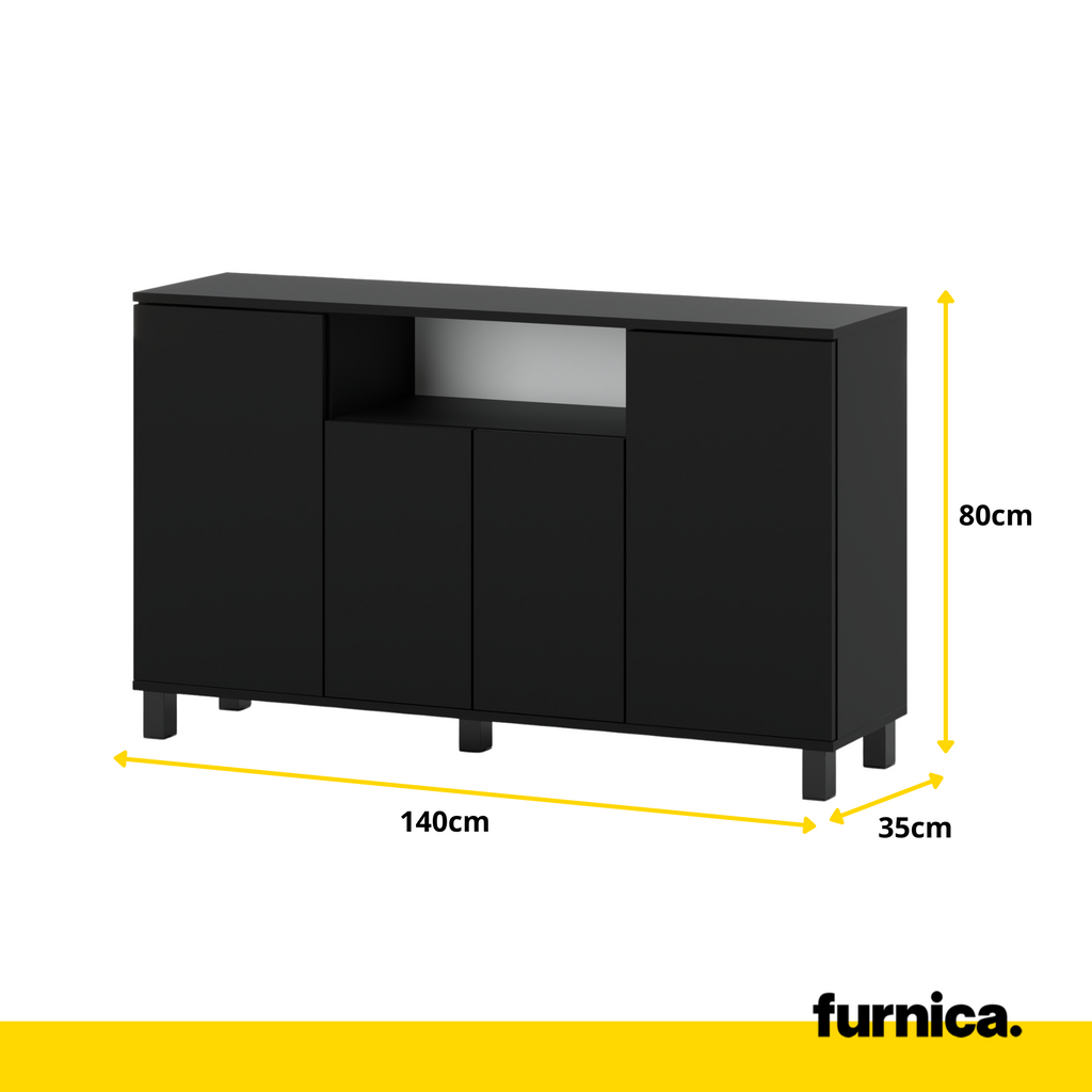 CALVIN - TV Cabinet with 4 Doors - Living Room Storage Sideboard - Black Matt H31 1/2" W55 1/8" D13 3/4"