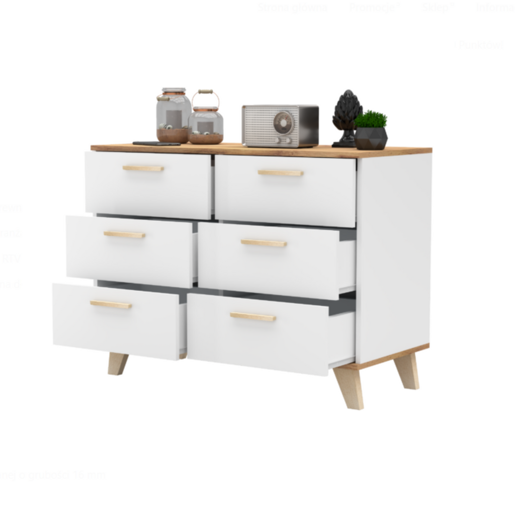 INGRID - Scandinavian Chest of 6 Drawers - White Matt / Wotan Oak H29 1/2" W39 3/8" D17 3/4"