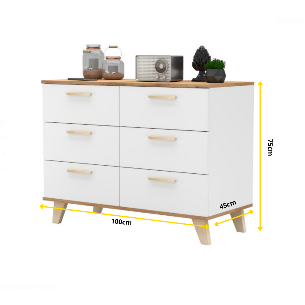 INGRID - Scandinavian Chest of 6 Drawers - White Matt / Wotan Oak H29 1/2" W39 3/8" D17 3/4"