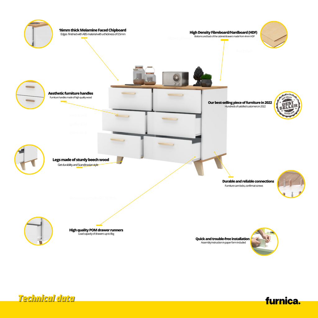 INGRID - Scandinavian Chest of 6 Drawers - White Matt / Wotan Oak H29 1/2" W39 3/8" D17 3/4"