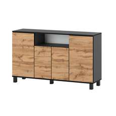 CALVIN - TV Cabinet with 4 Doors - Living Room Storage Sideboard - Anthracite Grey / Wotan Oak H31 1/2" W55 1/8" D13 3/4"